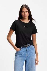 Slim-fit T-shirt in cotton with embroidered logo, Black