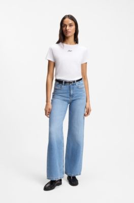 Slim-fit cotton T-shirt with handwritten logo embroidery, White