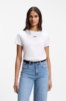 T-shirt slim fit in cotone con logo ricamato in stile manoscritto, Bianco