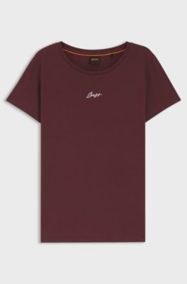 T-shirt slim fit in cotone con logo ricamato, Bordeaux
