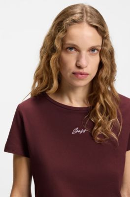 Slim-fit cotton T-shirt with handwritten logo embroidery, Bordeaux
