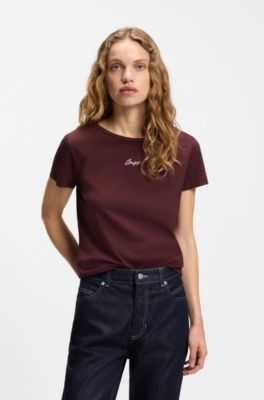 T-shirt slim fit in cotone con logo ricamato, Bordeaux
