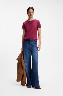Slim-fit cotton T-shirt with handwritten logo embroidery, Dark Red