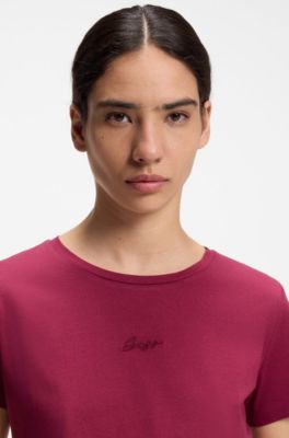 Slim-fit cotton T-shirt with handwritten logo embroidery, Dark Red