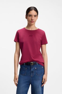 Slim-fit cotton T-shirt with handwritten logo embroidery, Dark Red