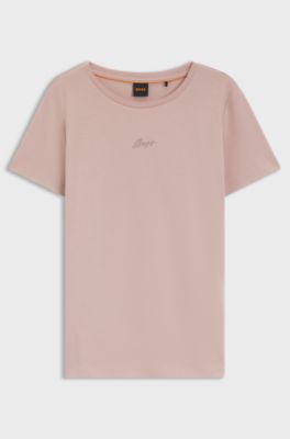 Slim-fit cotton T-shirt with handwritten logo embroidery, Light Pink