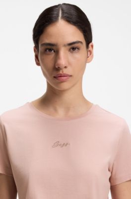 Slim-fit cotton T-shirt with handwritten logo embroidery, Light Pink