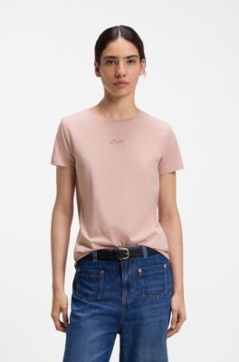 Slim-fit cotton T-shirt with handwritten logo embroidery, Light Pink