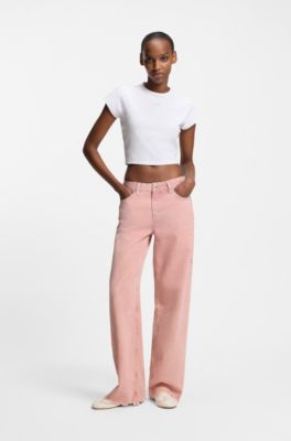 Jeans loose fit en denim rosa con bajos deshilachados, Rosa claro