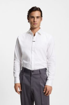 Camicia modern fit in cotone elasticizzato con allacciatura nascosta, Bianco