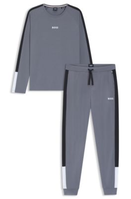 Cotton-blend pyjama set with contrast inserts, Grey