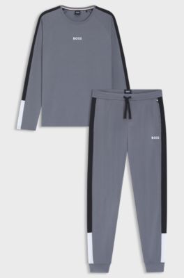 Pyjamasset i bomullsblandning med kontrasterande inf&auml;llningar, Gr&aring;