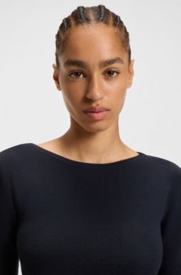 Patterned boat-neck dress in a stretch knit, Dark Blue