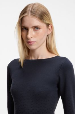 Vestito a motivi con scollo a barca in maglia elasticizzata, Blu scuro