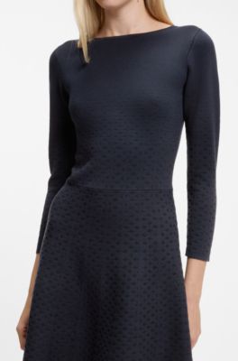 Vestito a motivi con scollo a barca in maglia elasticizzata, Blu scuro