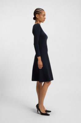 Patterned boat-neck dress in a stretch knit, Dark Blue