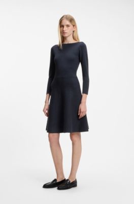 Vestito a motivi con scollo a barca in maglia elasticizzata, Blu scuro