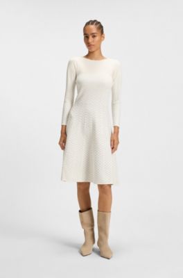 Patterned boat-neck dress in a stretch knit, White