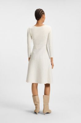Patterned boat-neck dress in a stretch knit, White
