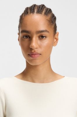 Patterned boat-neck dress in a stretch knit, White