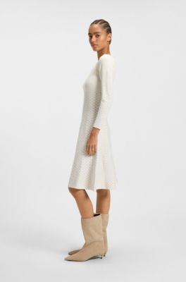 Patterned boat-neck dress in a stretch knit, White