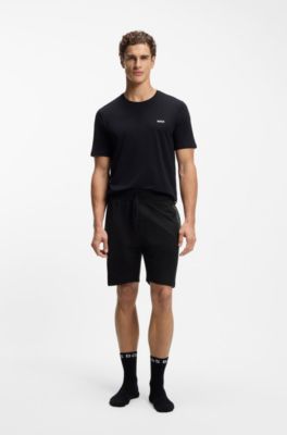 Bermuda in cotone terry con stampa a righe e logo, Nero