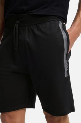Bermuda in cotone terry con stampa a righe e logo, Nero