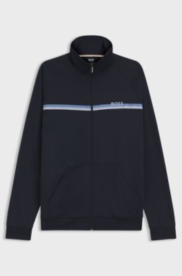 Cotton-terry jacket with stripe and logo, Dark Blue