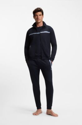 Cotton-terry jacket with stripes and logo, Dark Blue