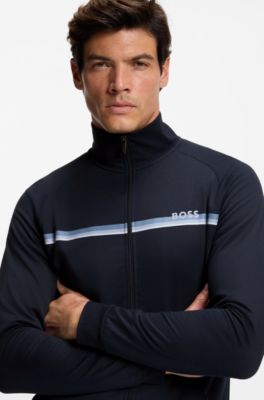 Cotton-terry jacket with stripe and logo, Dark Blue