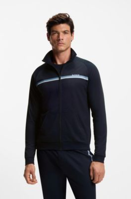 Jacke aus Baumwoll-Terry mit Streifen und Logo, Dunkelblau