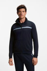 Cotton-terry jacket with stripes and logo, Dark Blue