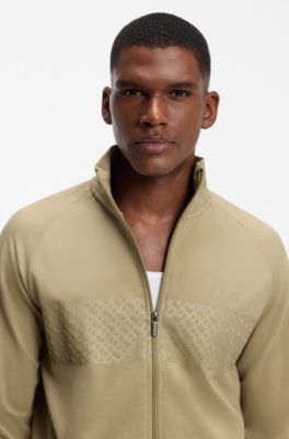 Veste en molleton de coton &agrave; rayure et logo, Beige