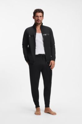 Cotton-terry tracksuit bottoms with logo and stripe, Black