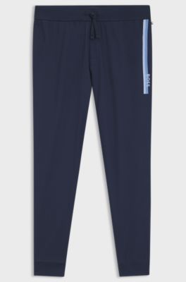 Cotton-terry tracksuit bottoms with logo and stripe, Dark Blue