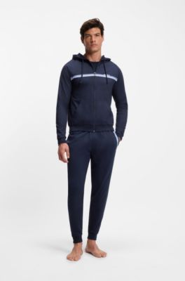 Cotton-terry tracksuit bottoms with logo and stripe, Dark Blue