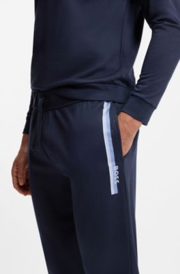 Cotton-terry tracksuit bottoms with logo and stripe, Dark Blue