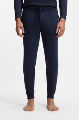 Cotton-terry tracksuit bottoms with logo and stripe, Dark Blue