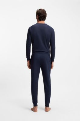 Cotton-terry tracksuit bottoms with logo and stripe, Dark Blue
