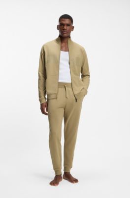 Cotton-terry tracksuit bottoms with logo and stripe, Beige