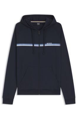 Cotton-terry zip-up hoodie with stripes and logo, Dark Blue