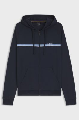 Felpa con cappuccio e zip in terry di cotone con logo e stampa a righe, Blu scuro
