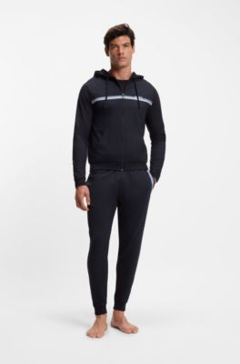 Cotton-terry zip-up hoodie with stripes and logo, Dark Blue