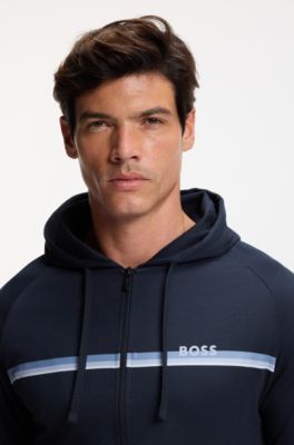 Felpa con cappuccio e zip in terry di cotone con logo e stampa a righe, Blu scuro