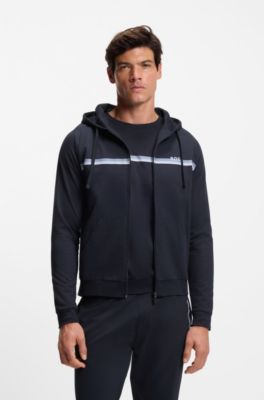 Felpa con cappuccio e zip in terry di cotone con logo e stampa a righe, Blu scuro