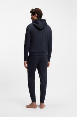 Felpa con cappuccio e zip in terry di cotone con logo e stampa a righe, Blu scuro
