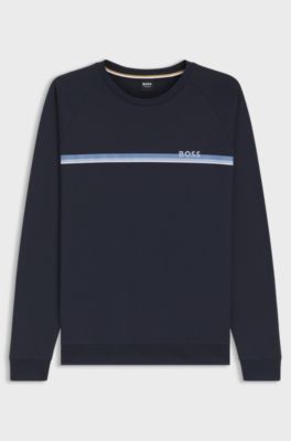 Cotton-terry sweatshirt with stripe and logo, Dark Blue