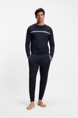 Cotton-terry sweatshirt with stripe and logo, Dark Blue