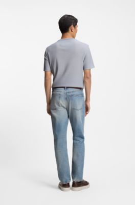 T-shirt in structured cotton and silk, Light Blue