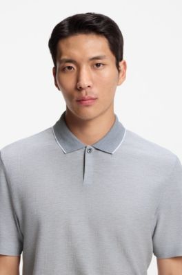 Cotton-silk polo shirt with three-tone structure, Light Blue